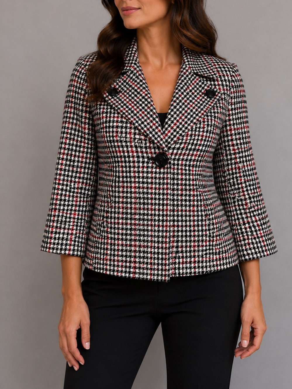 NINE WEST HOUNDSTOOTH BLAZER JACKET | BLACK WHITE RED | CAREER CHIC | SIZE 4P